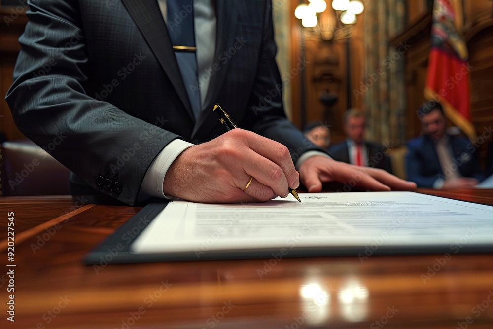 Politician signing bill, legislative document, political action