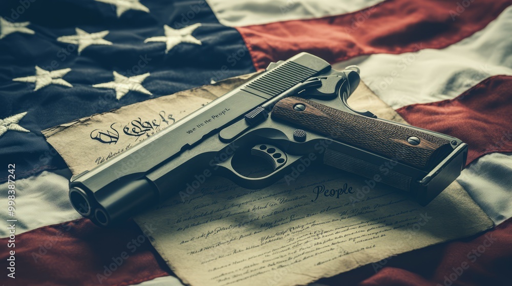Vintage Handgun on American Flag