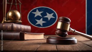 Justice gavel on Tennessee flag. Law and justice in Tennessee. Rights of citizens.